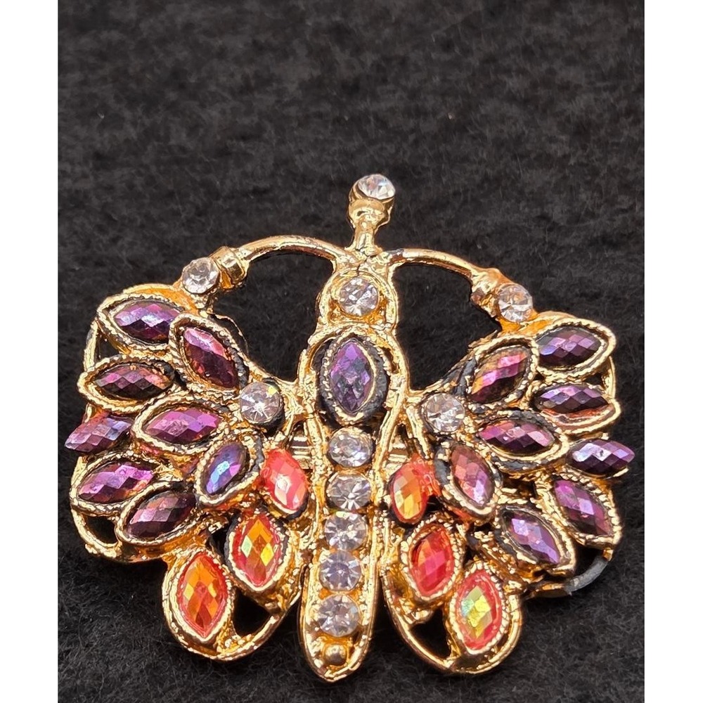 Vintage Rhinestone Butterfly Hair Clip Gold Tone Alligator Clasp Purple Orange